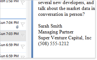 outlook inbox with contact in the email signature